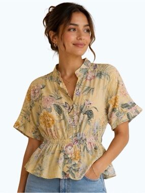 Studio F Buttery Yellow  Floral Linen Blend Grandmothercore Blouse Size  XS